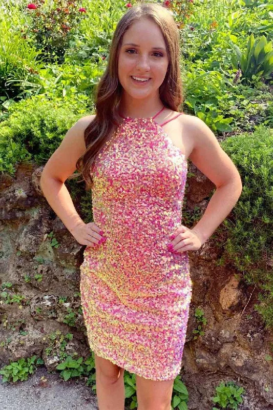 Exclusive Preview Tie Back Hot Pink Sequins Homecoming Dress