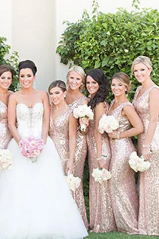 Hot Deal Sheath Rose Gold Sequins Long Bridesmaid Dress