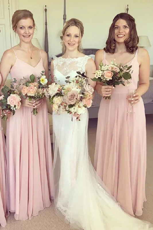 Year-End Clearance Simple Pink Straps Long Bridesmaid Wedding Party Dress