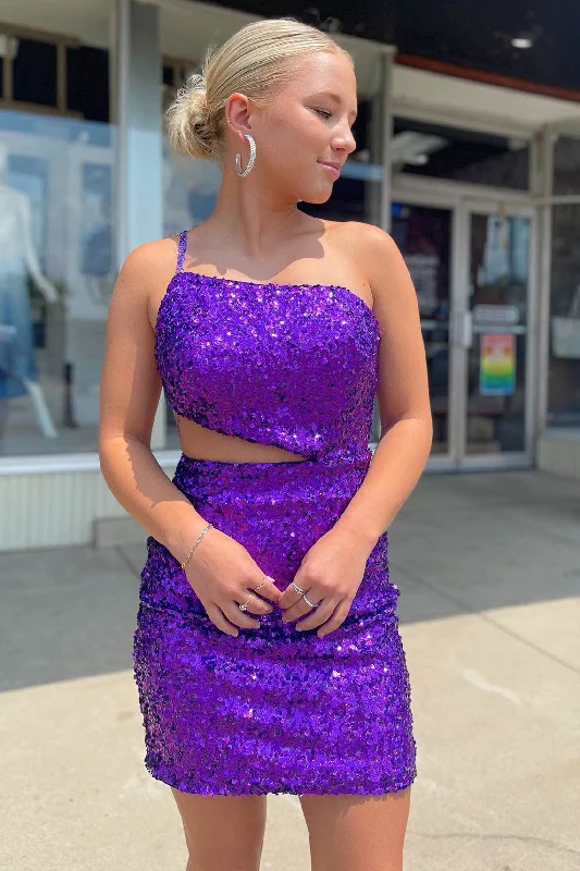 Low Prices Straps One Shoulder Purple Sequins Homecoming Dress