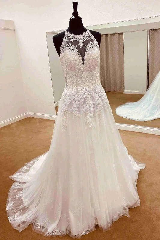 Early Access Illusion Crew Neck White Appliqued A-Line Wedding Dres