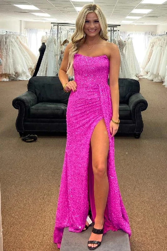 Time-Limited Offer Fuchsia Mermaid Strapless Sequins Lace-Up Long Prom Dress with Slit