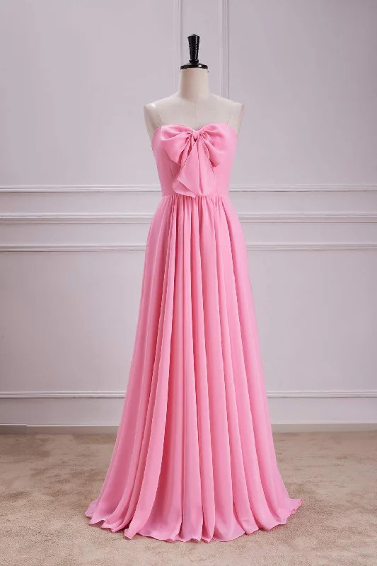 Discount Extravaganza Sweetheart Candy Pink A-Line Chiffon Maxi Dress with Bow