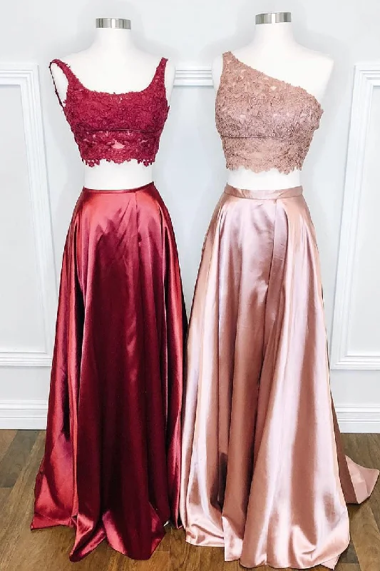 Flash Sale Two Piece Straps/One Shoulder Long Prom Dress with Lace Top