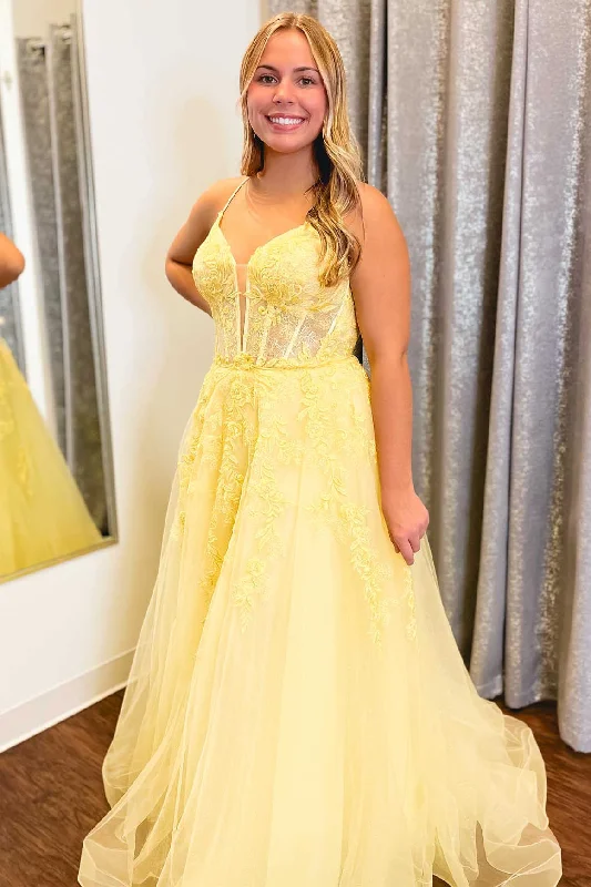 Sneak Peek Sale Straps Yellow Appliques A-Line Long Formal Dress