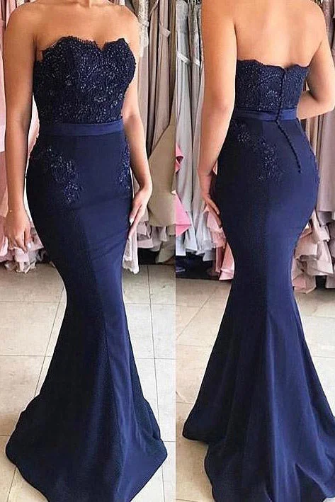One-DAY Sale Strapless Mermaid Appliques Navy Blue Long Prom Dress