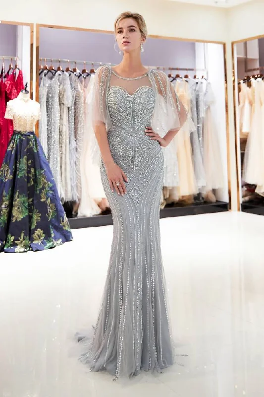 Early Access Mermaid Sheer V-Back Beading Silver Long Evening Dress with Shawl