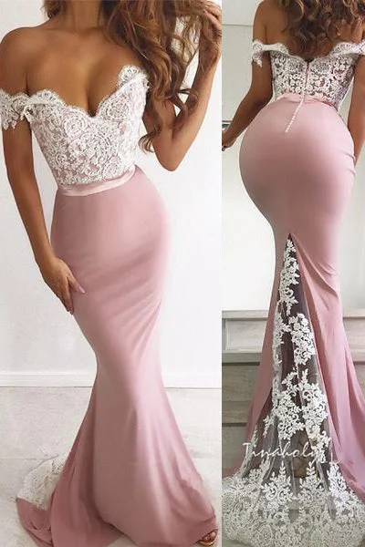 Crazy Deals Off the Shoulder Pink Mermaid Evening Dress White Lace Appliques