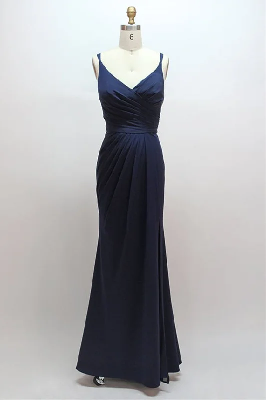 Unmissable Offer V-Neck Navy Satin Pleated Long Bridesmaid Dress