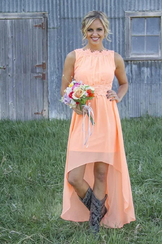 Exclusive Online Offer High Low Peach Long Bridesmaid Dress with Appliques