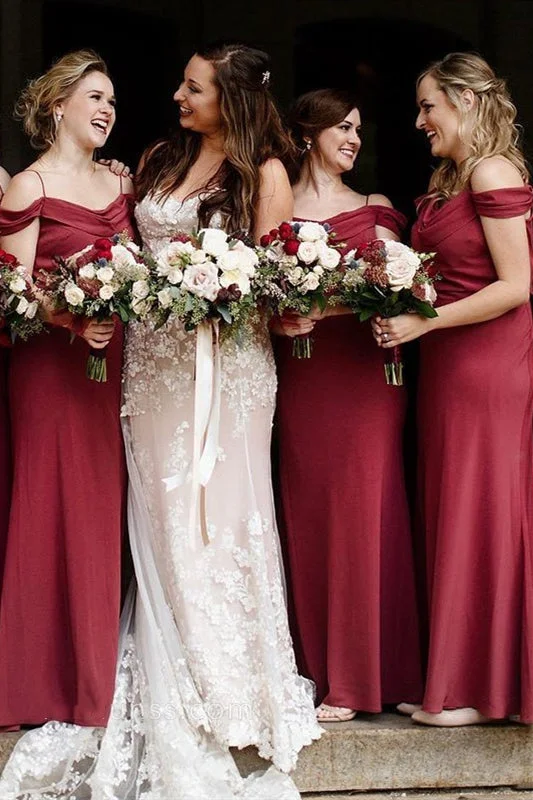 Discount Extravaganza Cold Sleeves Pleated Mermaid Long Wine Red Bridesmaid Dress