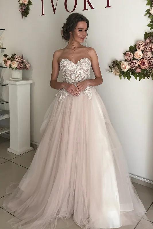 While Supplies Last Princess Long A-line Sweetheart Beige Wedding Dress with Lace Top