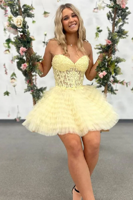 Crazy Savings A-Line Ruffled Yellow Strapless Corset Short Homecoming Dress