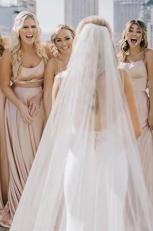 Extra Savings Straps Long Champagne Bridesmaid Dress with Criss Back