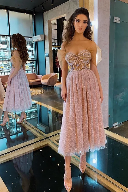 Inventory Reduction Elegant Off Shoulder Pink Tea Length Prom Dress with Appliques