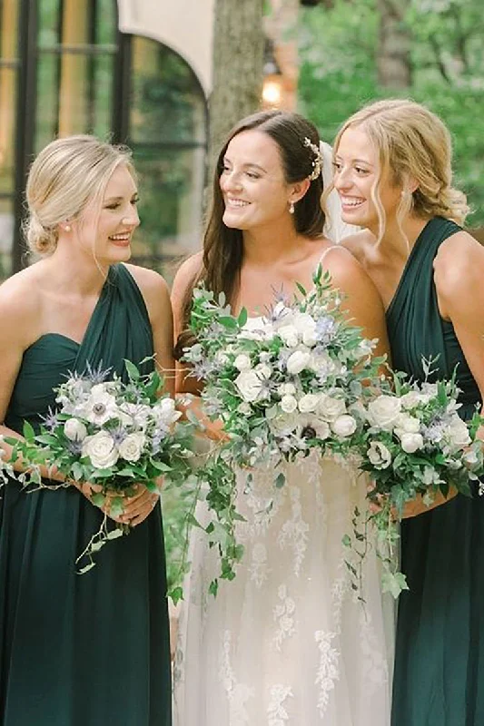 Big Discounts One Shoulder Dark Green Pleated Long Bridesmaid Dress