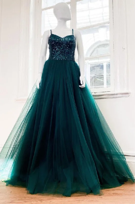 Savings Galore Elegant Straps Dark Green Sequined Top Formal Dress