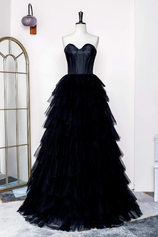 Get It Before It’s Gone Sweetheart Black Layered Tulle A-Line Prom Dress