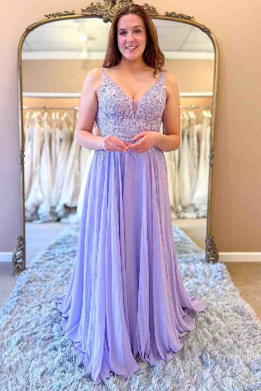 Huge Discounts A-Line Lace Top Lavender Long Formal Dress with Appliques