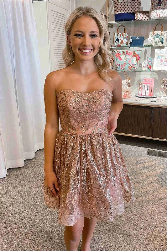 Price Drop Glitter Strapless Dusty Rose A-Line Homecoming Dress