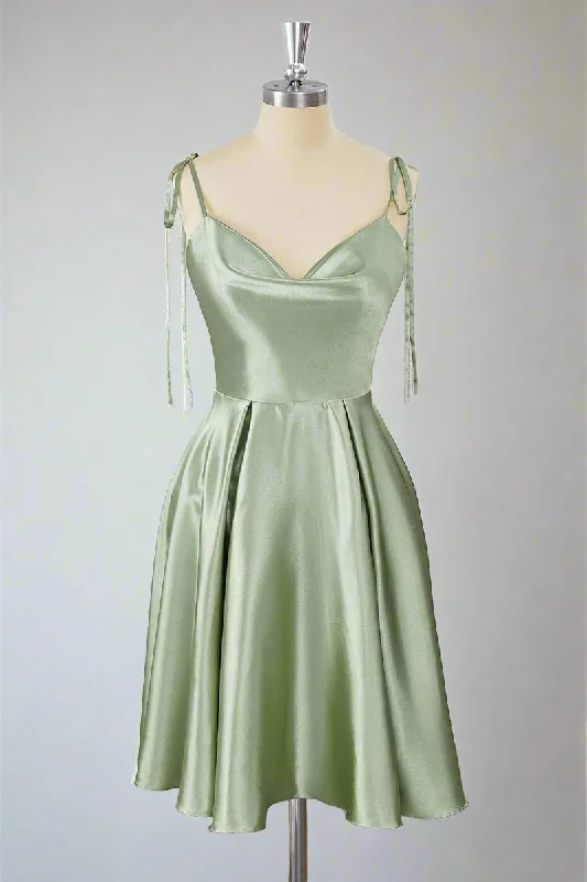Limited Availability Tie Shoulder Sage Green Cowl Neck A-Line Short Party Dress