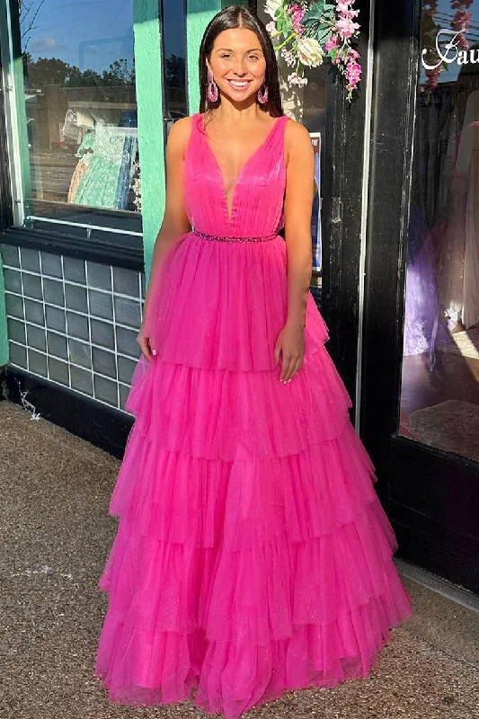 Best Seller V-Neck Hot Pink Beaded Waist Tulle Long Prom Dress
