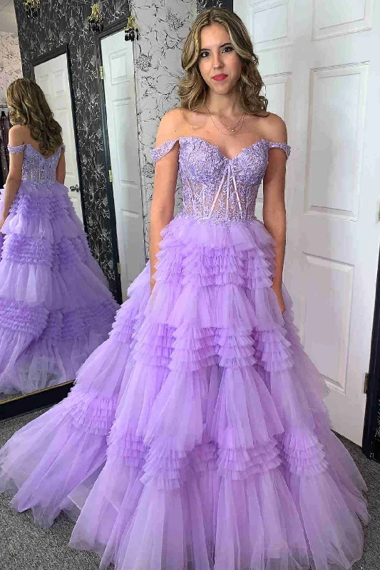 New Arrival Lavender Off the Shoulder Lace Corset Ruffle Prom Dress