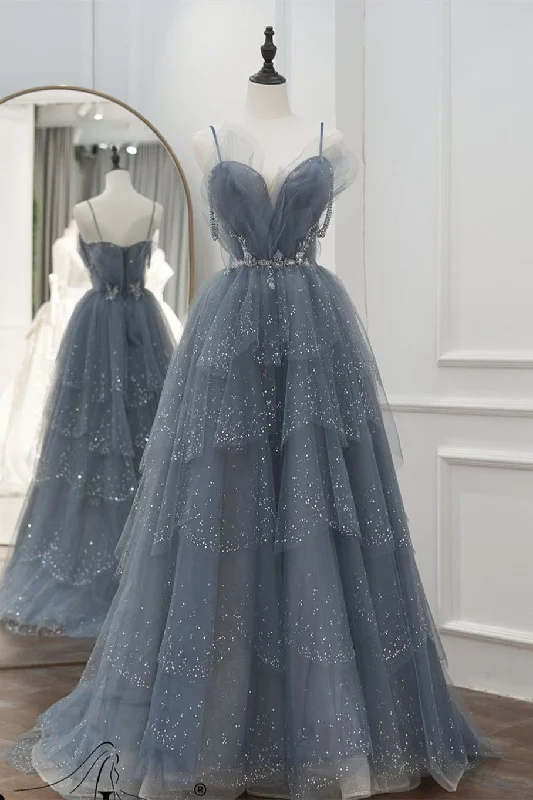 Super Bargain A-Line Princess Dusty Blue Beaded Long Formal Dress