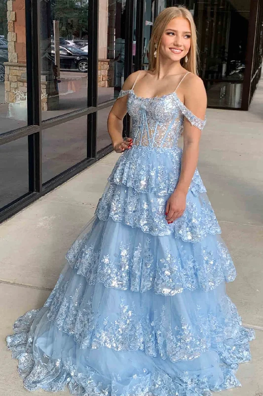 Value Deals A-Line Cold Shoulder Light Blue Sequin Ruffle Tiered Prom Dress