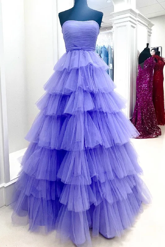 Limited Availability A-line Strapless Pleated Multi-Layers Tulle Long Prom Dress