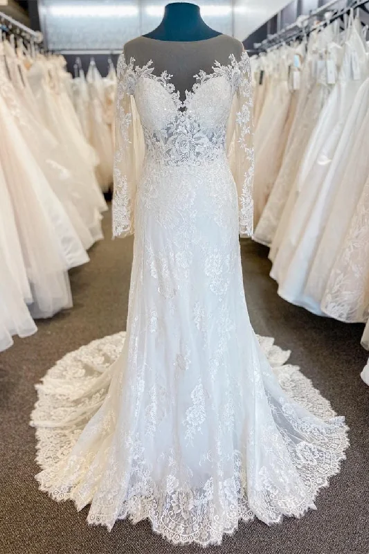 Today Only Elegant Illusion Neck White Wedding Dress with Long Sleeves