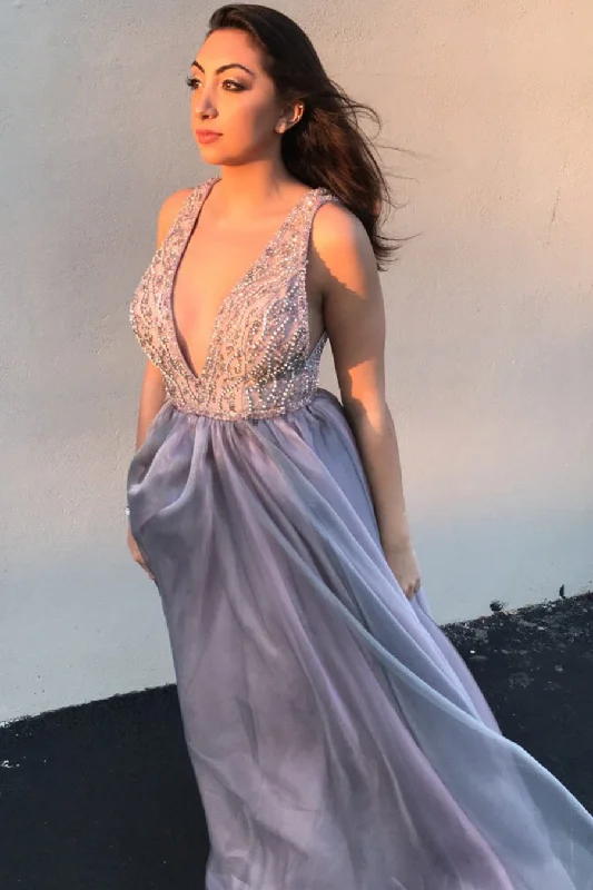 Price Rollback Deep V-Neck Beading Long Prom Dress with Open Back