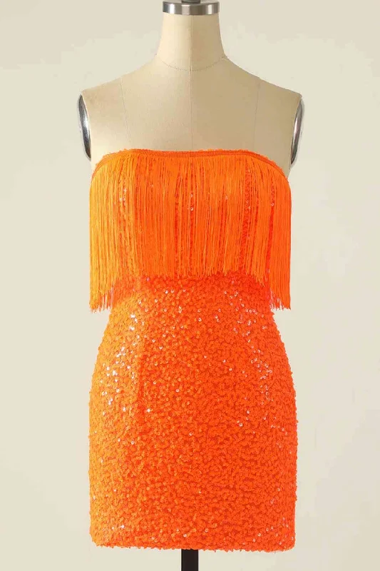 Major Savings Strapless Orange Sequins Fitted Homecoming Dress with Tassel