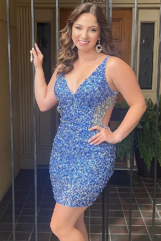 Extra Savings V-Neck Periwinkle Cutout Wasit Beaded Homecoming Dress