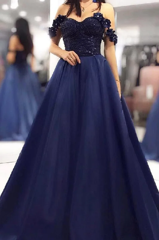 Lowest Prices Off the Shoulder Dark Navy Long Prom Dress with Lace Top