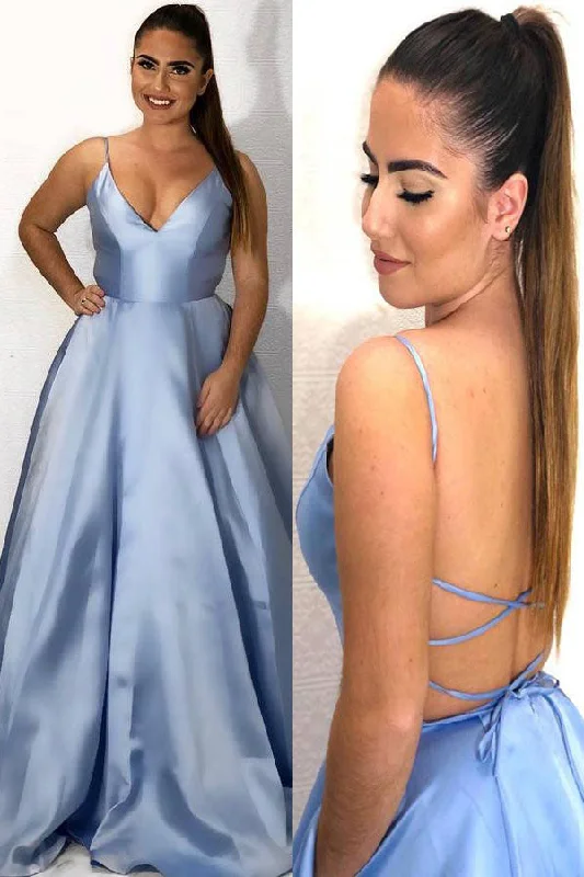 Hurry In A-line Sky Blue Satin Long Prom Dress with Open Back