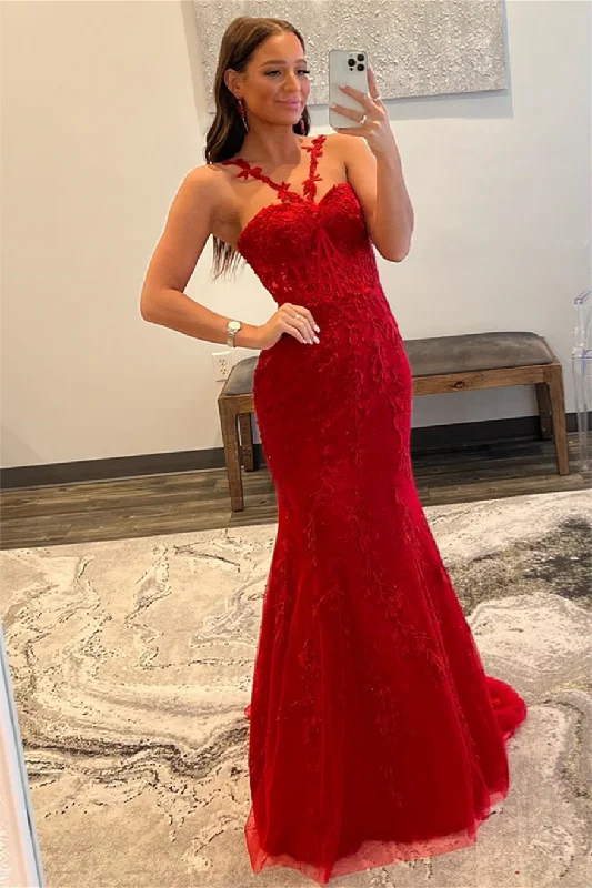Stock Clearance Red Halter Flower Straps Appliques Mermaid Tulle Long Prom Dress