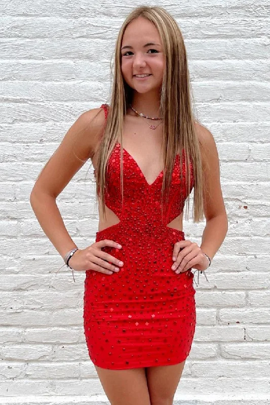 Best Seller V-Neck Red Beaded Cutout Bodycon Homecoming Dress