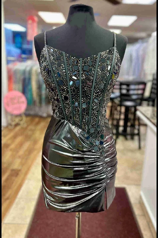 Deal Alert Straps Black Cut Mirror Sequin Ruched Homecoming Dress
