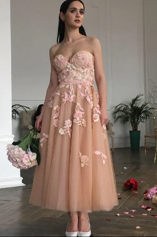 Clearance Event Elegant A-Line Ankle Length Sweetheart Peach Floral Prom Dress