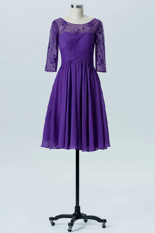 Steals and Deals Purple Short Lace Bridesmaid Dress with Long Sleeves