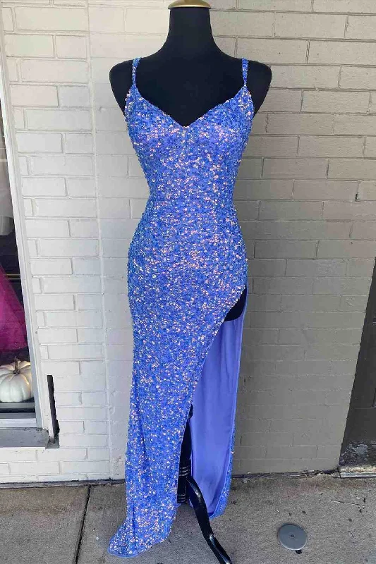 Overstock Sale Criss Cross Back Periwinkle Prom Dress with High Slit