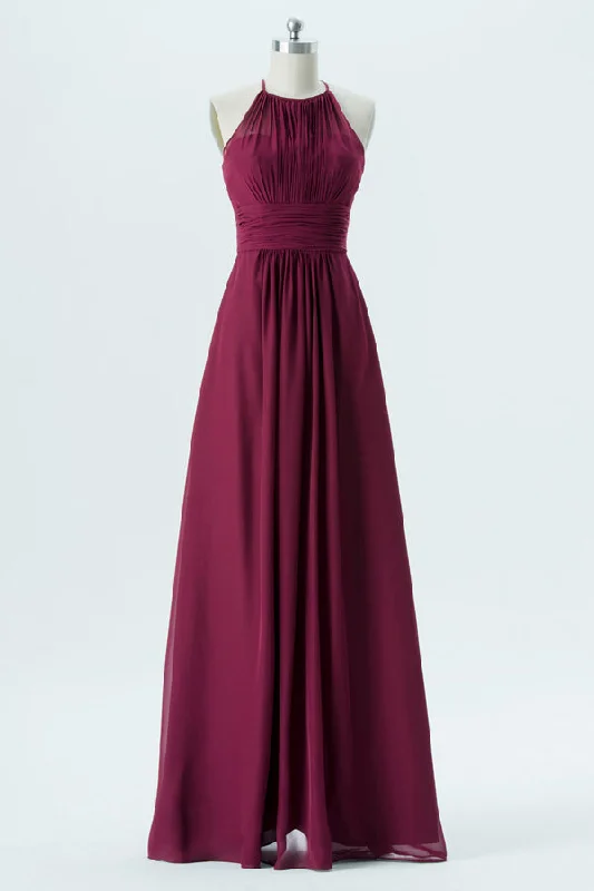 Online Only Pleated Cutout Back Wine Red Chiffon Bridesmaid Dress