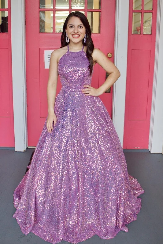 Epic Deals Halter Lilac Sequins A-Line Formal Dress