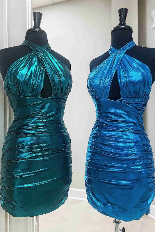 Daily Deals Halter Metallic Green Keyhole Pleated Mini Dress