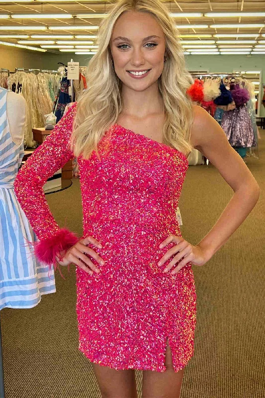 Blowout Sale One Shoulder Neon Pink Long Sleeve Tight Homecoming Dress with Feathers