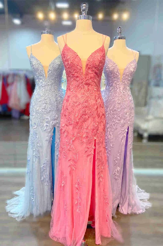 Super Sale Spaghetti Straps Watermelon Appliques Long Formal Dress