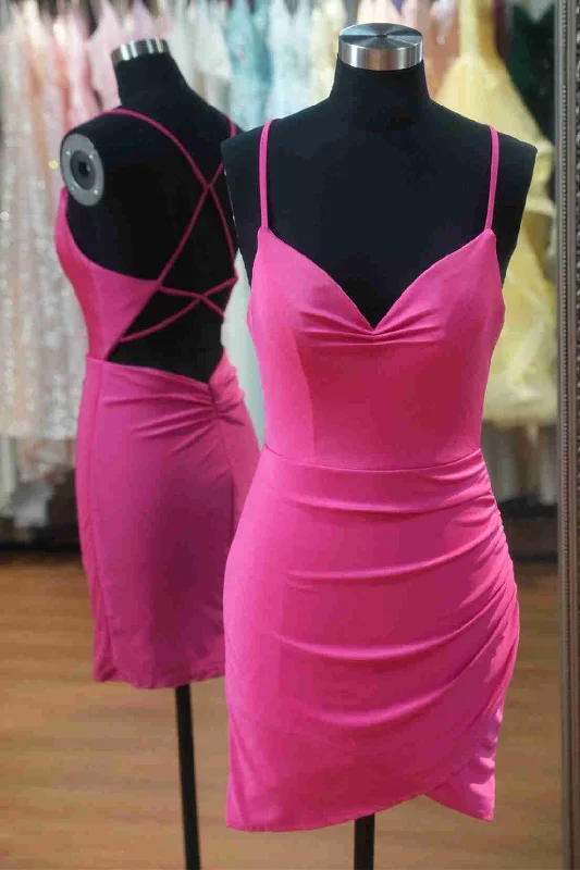 Price Cut V-Neck Hot Pink Pleated Bodycon Homecoming Dress