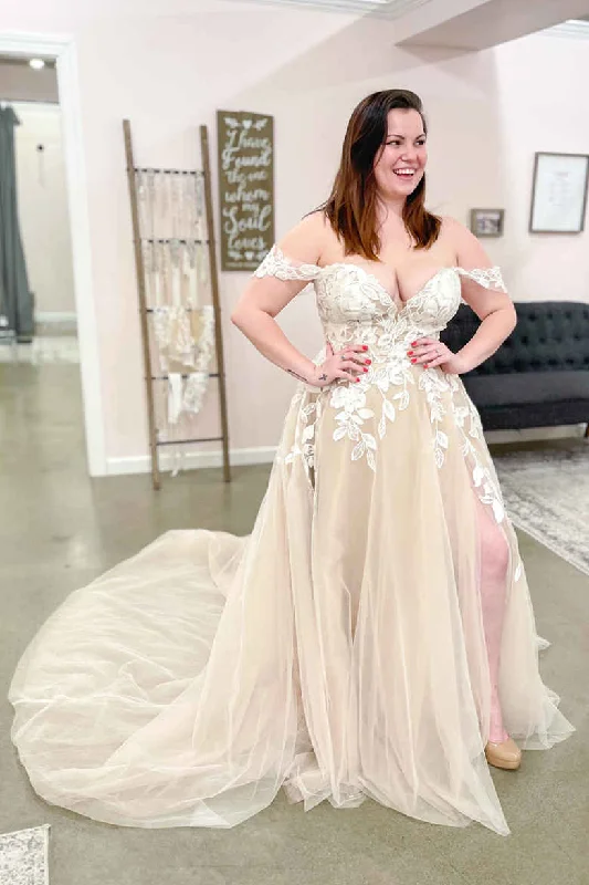 Discount Deals Off the Shoulder Taupe Long Wedding Dess with Appliques