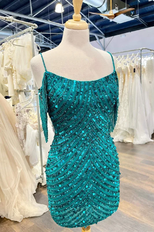 New Arrival Straps Teal Sequined Short Homecoming Dress with Tassel